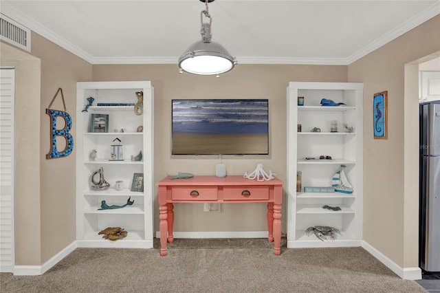 carpeted living room featuring built in shelves and crown molding