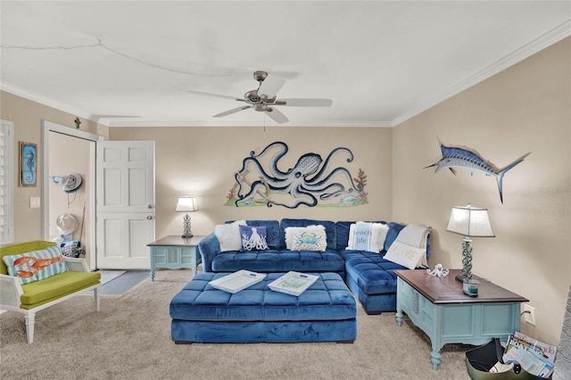 living room with light carpet, ceiling fan, and ornamental molding