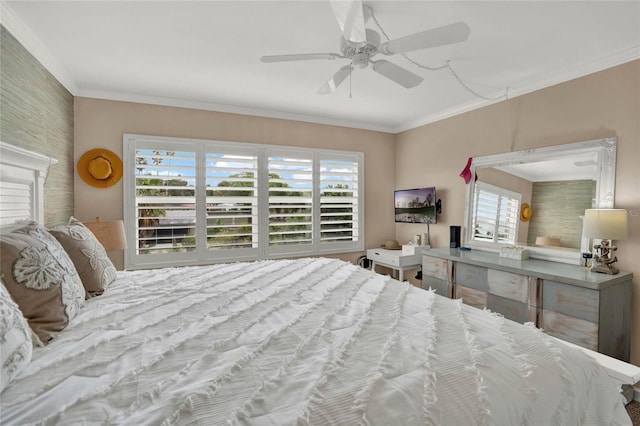 bedroom with crown molding and ceiling fan