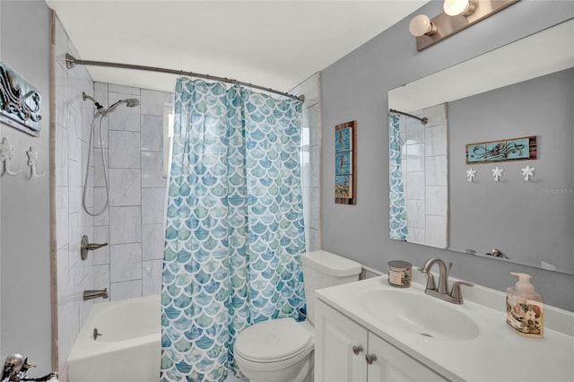 full bathroom featuring toilet, vanity, and shower / bathtub combination with curtain