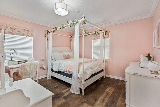 bedroom featuring crown molding, multiple windows, and dark hardwood / wood-style floors