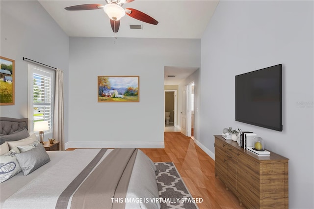 bedroom with light wood-type flooring and ceiling fan