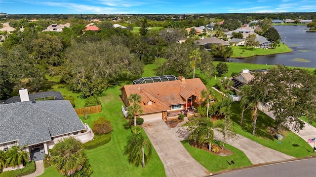 bird's eye view with a water view