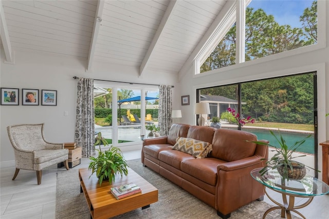 living room featuring high vaulted ceiling and beam ceiling