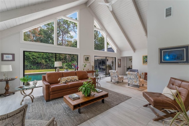 living room with beamed ceiling, ceiling fan, wood ceiling, and high vaulted ceiling