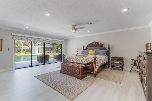 bedroom featuring access to exterior, crown molding, a textured ceiling, and ceiling fan