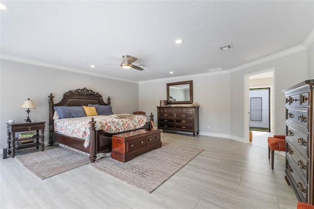 bedroom with crown molding and ceiling fan