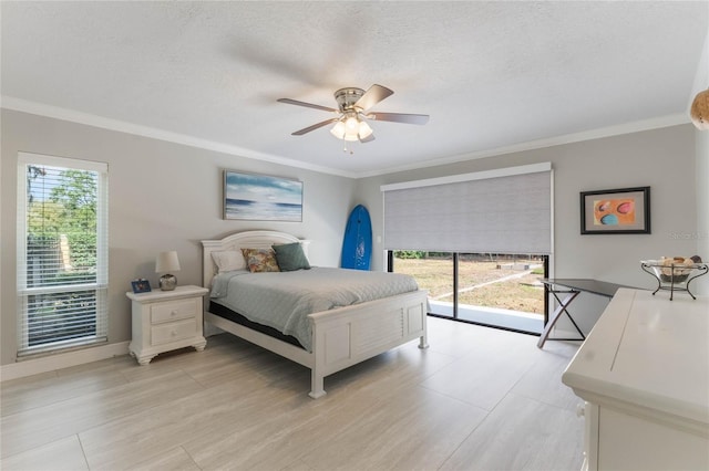 bedroom featuring crown molding, access to outside, ceiling fan, and a textured ceiling