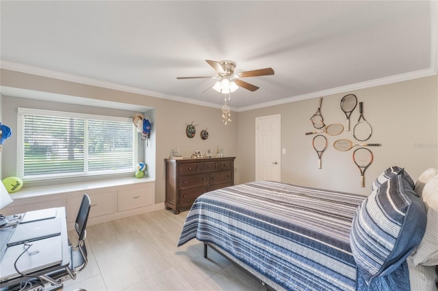 bedroom featuring ornamental molding and ceiling fan