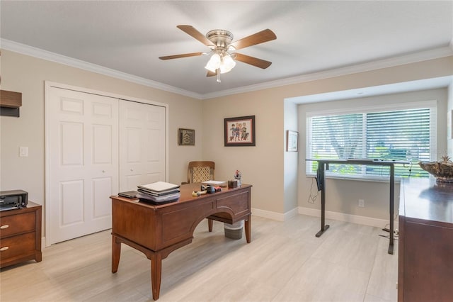 home office featuring crown molding and ceiling fan