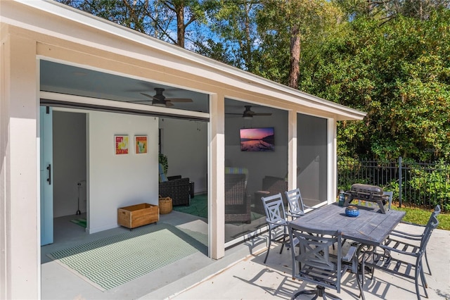 view of patio featuring ceiling fan