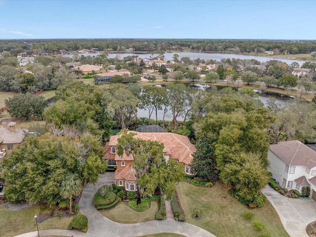 bird's eye view with a water view