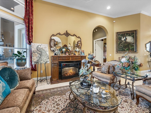 tiled living room with crown molding