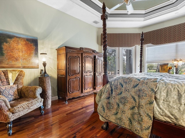 bedroom with dark hardwood / wood-style flooring, crown molding, access to outside, and ceiling fan