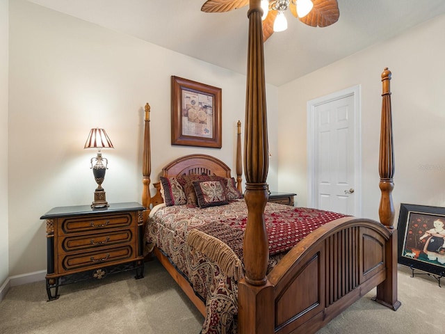 bedroom with light colored carpet and ceiling fan