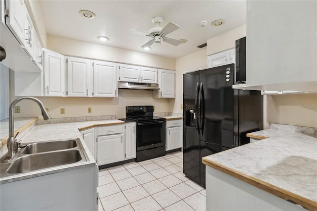 kitchen with white cabinetry, sink, light tile patterned floors, ceiling fan, and black appliances