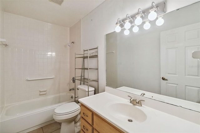 full bathroom with shower / bathtub combination, tile patterned floors, toilet, and vanity