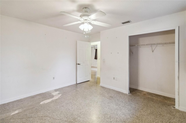 unfurnished bedroom with a closet and ceiling fan