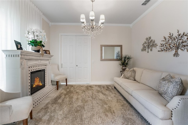 living room with an inviting chandelier, crown molding, and carpet flooring