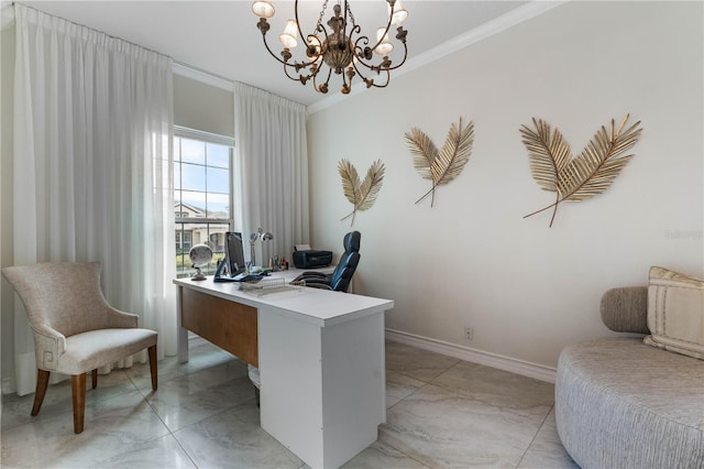 home office featuring a notable chandelier and crown molding