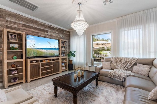 tiled living room with an inviting chandelier, crown molding, and wooden walls