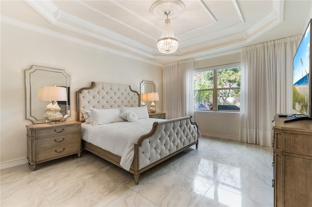 bedroom with an inviting chandelier, ornamental molding, and a raised ceiling