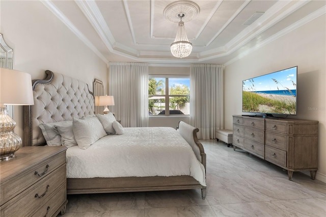 bedroom featuring a raised ceiling, crown molding, and an inviting chandelier