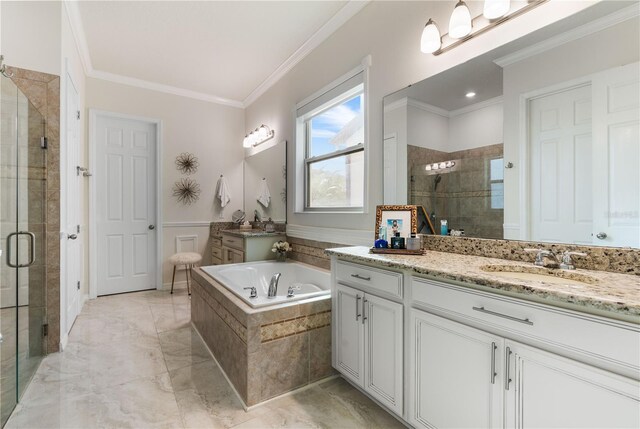 bathroom with ornamental molding, plus walk in shower, and vanity