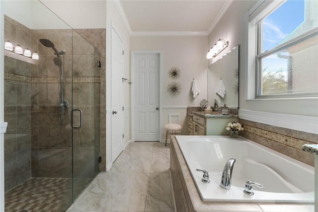 bathroom featuring crown molding, vanity, and independent shower and bath