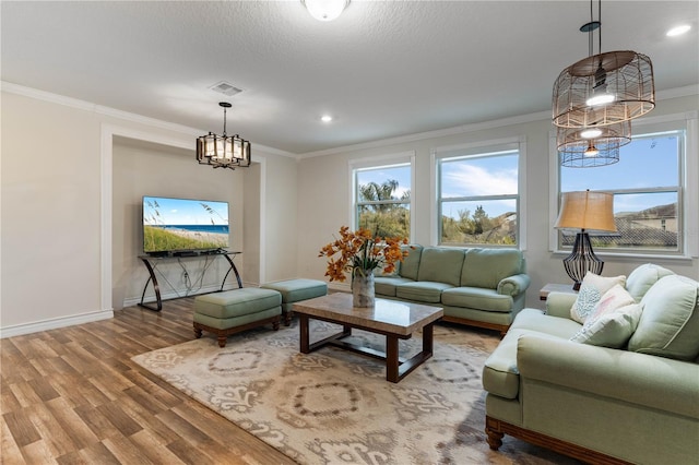 living room with hardwood / wood-style flooring, crown molding, and a textured ceiling