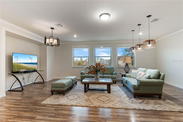 living room featuring hardwood / wood-style flooring, ornamental molding, and a textured ceiling