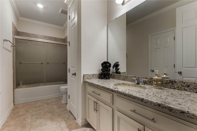 full bathroom featuring combined bath / shower with glass door, tile patterned flooring, vanity, ornamental molding, and toilet