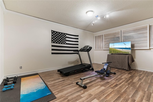 workout room featuring crown molding, rail lighting, hardwood / wood-style floors, and a textured ceiling