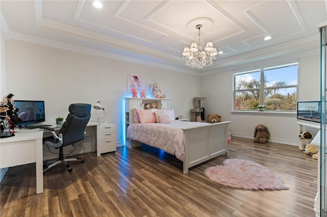 bedroom featuring ornamental molding, dark hardwood / wood-style floors, a raised ceiling, and a notable chandelier