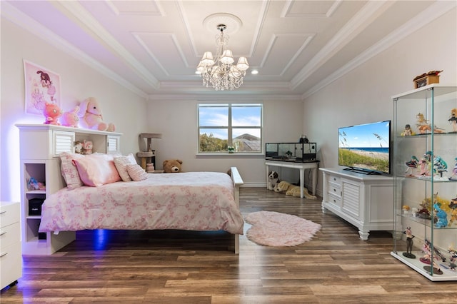 bedroom with dark wood-type flooring, a tray ceiling, crown molding, and an inviting chandelier