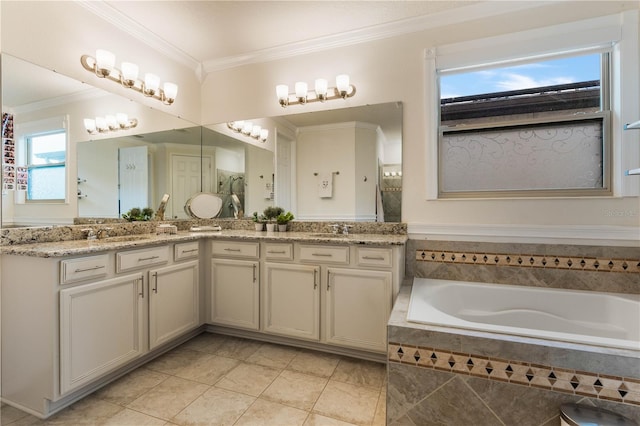 bathroom featuring vanity, ornamental molding, tiled bath, and tile patterned floors