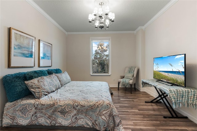 bedroom featuring a notable chandelier, crown molding, and dark hardwood / wood-style floors