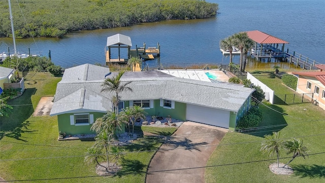 drone / aerial view featuring a water view