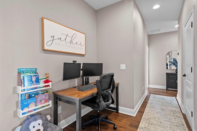 office area with dark wood-type flooring