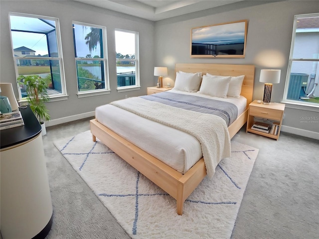 carpeted bedroom with a water view