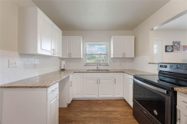 kitchen with sink, white cabinetry, light stone counters, dark hardwood / wood-style flooring, and stainless steel electric stove