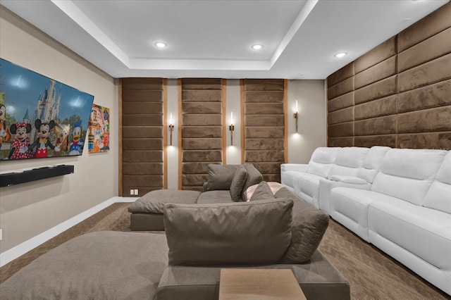 carpeted home theater featuring a raised ceiling