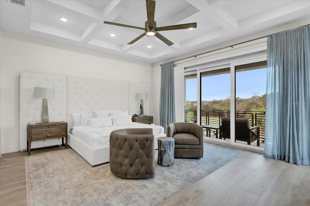 bedroom with coffered ceiling, access to exterior, ceiling fan, and light wood-type flooring