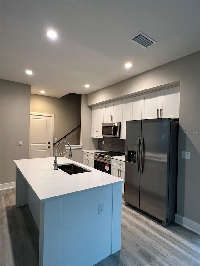 kitchen featuring sink, appliances with stainless steel finishes, white cabinetry, light hardwood / wood-style floors, and decorative backsplash