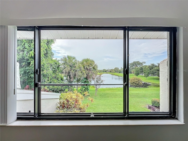 interior details featuring a water view