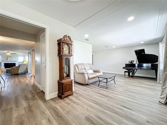 living room featuring a textured ceiling and light hardwood / wood-style flooring