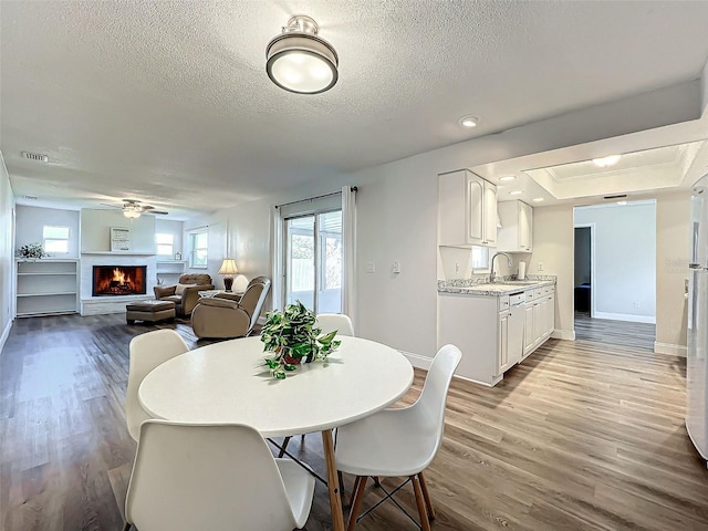 dining room with sink, light wood-type flooring, ceiling fan, a raised ceiling, and a textured ceiling