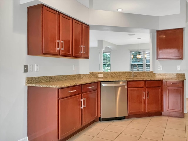 kitchen with light stone counters, decorative light fixtures, light tile patterned floors, stainless steel dishwasher, and a notable chandelier