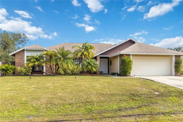 ranch-style home with a garage and a front lawn