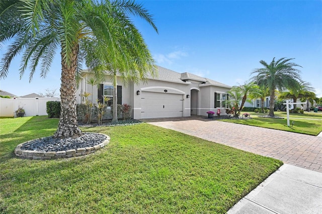 view of front of property featuring decorative driveway, stucco siding, fence, a garage, and a front lawn